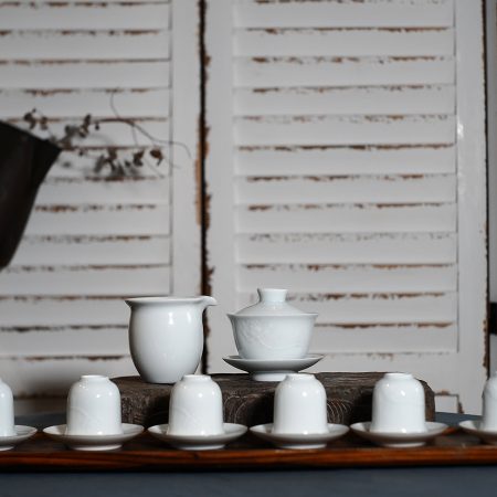 影青釉手工刻花浮雕佛手莲花茶具套装